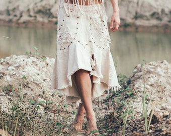 Bleached Denim Skirt ∆ Ripped & Stonewashed Boho Skirt ∆ White Jean Gypsy Skirt ∆ Hippie Bohemian Clothing ∆ Raw Denim Jeans Women Skirt