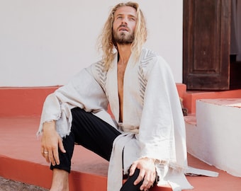 Organic Cotton Mens Kimono ∆ Boho Clothing Men Robe ∆ Kimono Cardigan ∆ Fringe Ripped Back Wrap Coat ∆ Desert Man Jedi Kimono Jacket / Gray