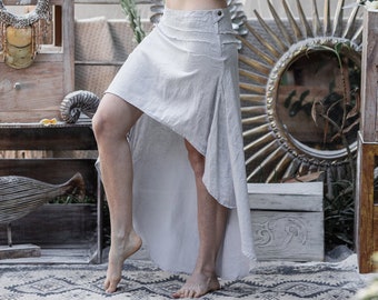 Grey Linen Boho Skirt ∆ Tribal Fusion Clothing ∆ Women Linen Clothes Midi Skirt ∆ Knee Length Asymmetrical Skirt ∆ Festival Skirt with Train
