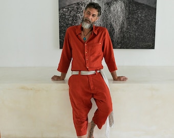 Red Linen Jumpsuit ∆ Mens Overalls ∆ Casual Linen Clothes Festival Coveralls Men ∆ Nomad Comfy Boiler Suit ∆ Long Sleeve Jumpsuit/ Red Ochre