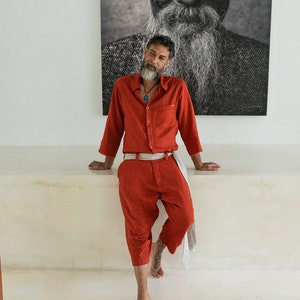 Red Linen Jumpsuit ∆ Mens Overalls ∆ Casual Linen Clothes Festival Coveralls Men ∆ Nomad Comfy Boiler Suit ∆ Long Sleeve Jumpsuit/ Red Ochre