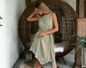 Sage Green Boho Dress ∆ Women Bohemian Dresses ∆ Cotton Fringe Clothing Hippie Summer Dress ∆ Eco Open Back Backless Midi Tank Dress / Sage