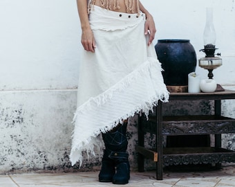 White Boho Skirt ∆ Women Gypsy Bohemian Skirt ∆ Asymmetric Scarf Skirt ∆ Organic Cotton Wrap Skirt ∆ Long Triangle Tribal Skirt / Off White