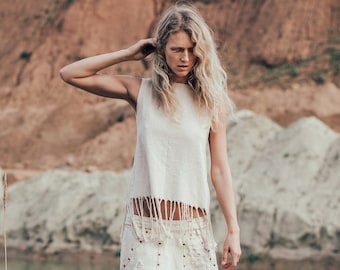 Raw Cotton Bohemian Top ∆ White Boho Tank Top ∆ Chintamani Long Fringe Top ∆ Eco Friendly Natural Clothing ∆ Hippie Ibiza Goa Top/ Off-White