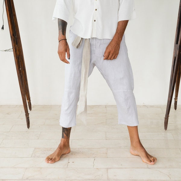 Mens Linen Pants 3/4 ∆ Cropped Loose Pants Boho Clothing ∆ Capri Harem Short Pants ∆ Male Linen Trousers ∆ Streetwear Hipster Pants / Gray
