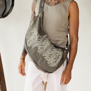 Mens Crossbody Bag Purse ∆ Canvas Backpack Mens Shoulder Bag ∆ Wax Canvas Vegan Backpack ∆ Large Sling Desert Man Festival Bag / Dark Gray
