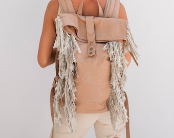 Rolltop Vegan Backpack ∆ Women Boho Backpack ∆ Roll Top Laptop Backpack ∆ Linen Fringed Bag ∆ Eco Friendly Cotton Canvas Backpack / Beige