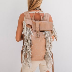 Rolltop Vegan Backpack ∆ Women Boho Backpack ∆ Roll Top Laptop Backpack ∆ Linen Fringed Bag ∆ Eco Friendly Cotton Canvas Backpack / Beige