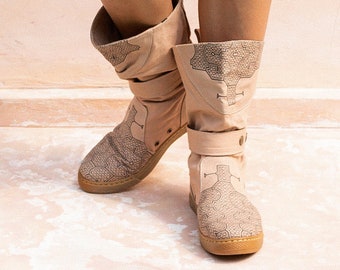 Boho Vegan Schuhe ∆ Eco Baumwolle Canvas Stiefel Damen ∆ Tulum Man Festival Kleidung Cowboy Stiefel ∆ Ibiza Goa Stiefel ∆ Sommer Tribal Reitstiefel