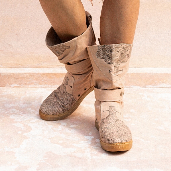 Boho Vegan Shoes ∆ Eco Cotton Canvas Boots Women ∆ Tulum Man Festival Clothes Cowboy Boots ∆ Ibiza Goa Boots ∆ Summer Tribal Riding Boots