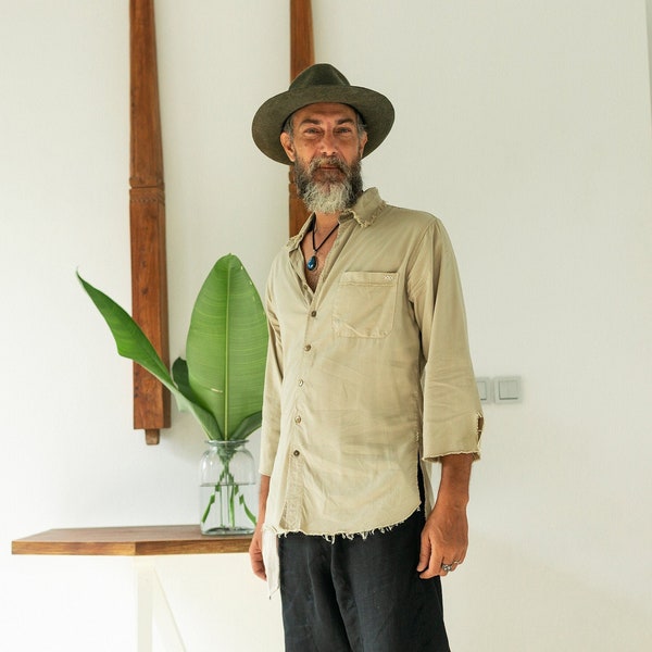 Bohemian Shirt Men ∆ Cotton Blouse ∆ Barn House Hippie Clothing Mens Gypsy Shirt ∆ Button Long Sleeve Top ∆ Goa Festival Fringe Shirt / Sage