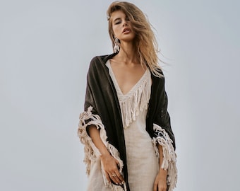 Fringed Boho Shawl ∆ Hip Scarf Women ∆ Hippie Boho Clothes Triangle Wedding Shawl Wrap ∆ Linen Tassel Cotton Gypsy Oversize Scarf / 5 colors