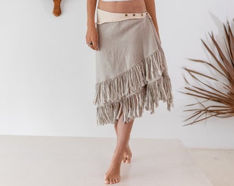 Linen Wrap Skirt ∆ Boho Clothing Women ∆ Bohemian Skirt ∆ Hippie Gypsy Skirt ∆ Asymmetrical Fringe Skirt ∆ Linen Clothes / Natural Gray