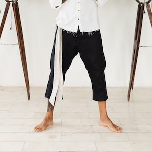 Black Linen Pants Men 3/4 ∆ Male Short Pants Organic Clothes ∆ Capri Pants ∆ Wide Leg Pants ∆ Linen Trousers Festival Shorts ∆ Lounge Pants