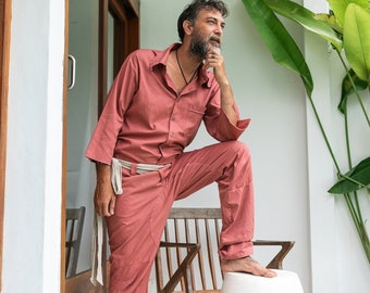 Cotton Overalls ∆ Mens Jumpsuit ∆ 3/4 Long Sleeve Coveralls ∆ Mechanic Boiler Suit Workwear Clothes ∆ Male Romper Jumpsuit / Raspberry Pink