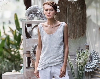 Grey Linen Top ∆ Boho Clothing Women ∆ Vegan Shirt ∆ Linen Tunic Tank Top ∆ Sleeveless Linen Blouse ∆ Asymmetrical Organic Crop Top Goddess