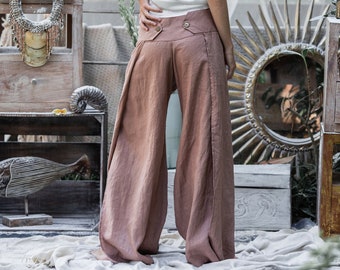 Womens Linen Pants ∆ Natural Clothing ∆ Hippie Pants ∆ Lounge Plus Size Pants ∆ Loose Fitting Festival Pants ∆ Slit Flare pants / Dusty Pink