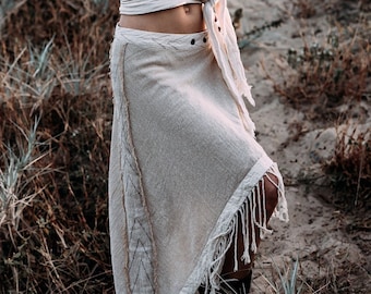 Beige Boho Skirt ∆ Gypsy Midi Skirt ∆ Fringe Wrap Skirt ∆ Raw Cotton Organic Skirt ∆ Tribal Scarf Skirt ∆ Women Fringe Skirt / Aroha Tino