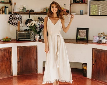 Robe longue blanche Robe de mariée hippie simple Boho Vêtements de festival Robe d'été de déesse ∆ Robe dos nu à franges en coton brut / Blanc cassé