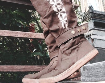 Hohe Schuhe aus Baumwollcanvas ∆ Vegane „Blume des Lebens“-Stiefel ∆ Heilige Geometrie Vegane Bio-Kleidung ∆ Festival-Zigeunerschuhe ∆ Goa-Boho-Stiefel