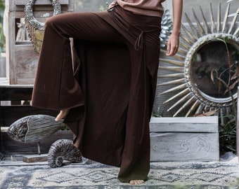 Brown Flare Boho Pants Skirt ∆ Dance Yoga Pants Women ∆ Brown Yoga Clothes ∆ Festival Tribal Pants with Skirt ∆ Low Fit Flared Trousers