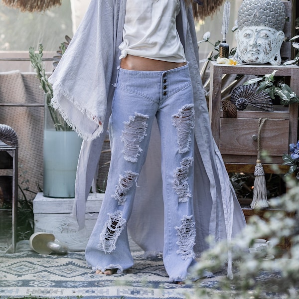 Pantalon bohème évasé bleu Jeans en denim pour femme Vêtements hippie ∆ Jeans évasé manouche ∆ Jean déchiré effet vieilli ∆ Pantalon bohème ∆ Streetwear