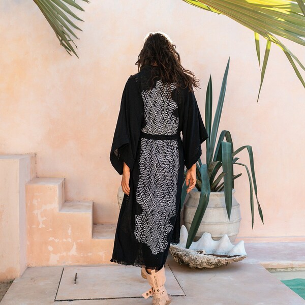 Black Kimono Robe ∆ Women Boho Clothing Tribal Cardigan ∆ Wrap Kimono Jacket ∆ Raw Cotton Cover Up ∆ Chintamanialchemi Goddess Gown / Black