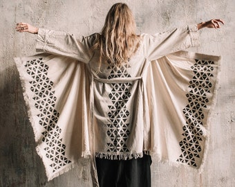 Huge Mantle Cardigan for Women ∆ Free Size Raw Cotton Kimono Wrap ∆ Chintamani White Cape ∆ Nomad Tulum Festival Clothing ∆ Boho Robe Cloak