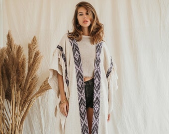 Boho Poncho Kimono Jacket ∆ Festival Clothing Women Cardigan Robe ∆ Hippie Clothes Ceremony Burning Outfit Desert Cover Up Coat / Off White