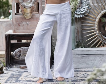 White Linen Pants ∆ Bohemian Clothing Women ∆ Boho Pants ∆ Linen Clothes Casual Lounge Pants ∆ Open Maxi Flare Pants ∆ Side Slit Dance Pants