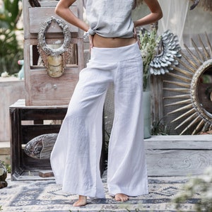 White Linen Pants ∆ Bohemian Clothing Women ∆ Boho Pants ∆ Linen Clothes Casual Lounge Pants ∆ Open Maxi Flare Pants ∆ Side Slit Dance Pants