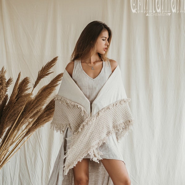 Sciarpa Boho in cotone grezzo ∆ Sciarpa Boho tribale Ibiza ∆ Scialle da sposa organico ∆ Abbigliamento naturale hippie ∆ Scialle zingaro triangolare / Bianco sporco