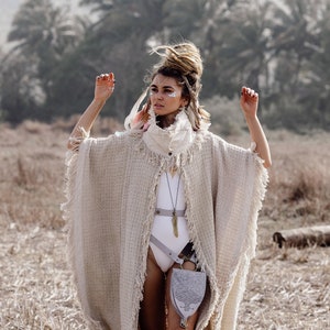 Festival Poncho Coat Women Boho Clothing Kimono Jacket Bohemian Cardigan Robe Desert Man Festival Gown Oversized Wrap Cloak/ Off White image 9