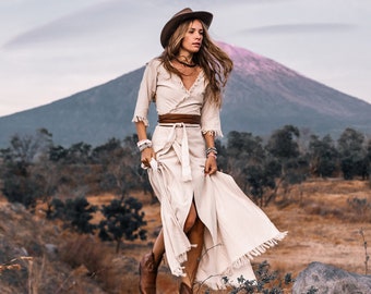 Wrap Boho Vestido Mujeres ∆ Vestido Maxi Blanco 3/4 Manga ∆ Ropa Orgánica ∆ Vestido Boho de Boda ∆ Vestido de Algodón Crudo con Flecos Largos / Blanco Apagado