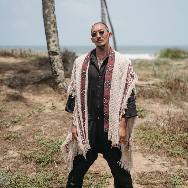 BERBER Mens Poncho Wrap Coat ∆ Boho Man Clothing Hemp Jacket ∆ Festival Outfit Cardigan ∆ Hippie Bohemian Clothes Kimono Robe / Off White