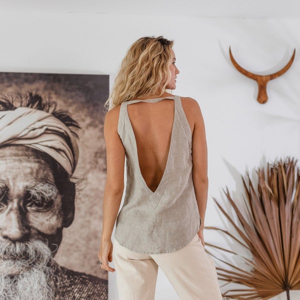 Backless Linen Top ∆ Boho Clothing Women ∆ Hippie Organic Fringe Top ∆ Open Back Bohemian Shirt ∆ Linen Tunic Tank Top ∆ Goa Ibiza Top/ Gray