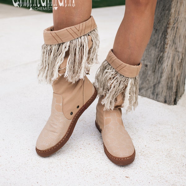 Boho Shoes Women ∆ Vegan Hippie Man Boots Festival Clothes ∆ Fringed Cotton Canvas Shoes ∆ Cowboy Bohemian Eco Gypsie Boots / Beige