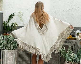 Poncho Boho Orgánico Mujeres ∆ Hippie Sin Espalda Fringe Cape Top ∆ Ceremonia de Ropa Boho Cover Up ∆ Cárdigan Tribal Boho Shawl / Off White