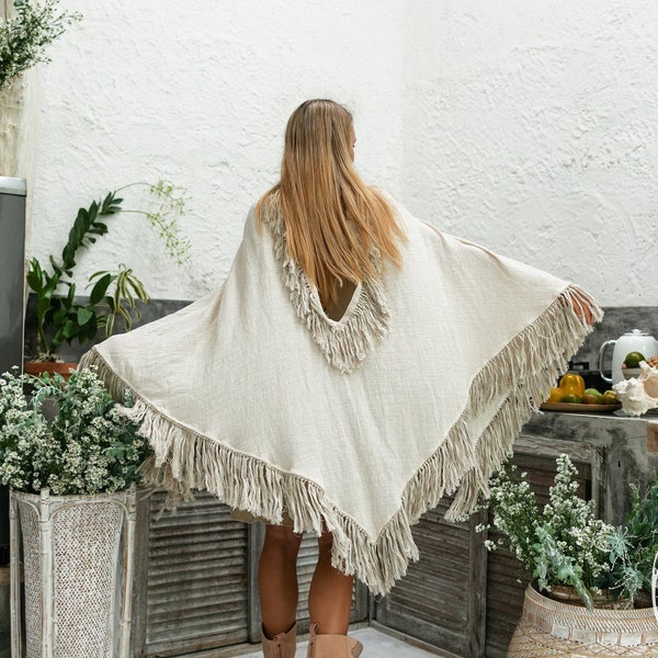 Organic Boho Poncho Women ∆ Hippie Backless Fringe Cape Top ∆ Bohemian Clothing Ceremony Cover Up ∆ Tribal Cardigan Boho Shawl / Off White