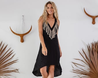 Black Linen Boho Dress ∆ Fringe Clothing Women ∆ Organic Goddess Dress ∆ Asymmetrical Open V Back Dress ∆ Linen Tunic Tank Dress / Black