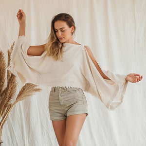 Poncho Crop Top ∆ Boho Clothing Women Ibiza Raw Cotton Tunic ∆ Festival Man Top ∆ Earthy Clothes Open Sides Oversize Boho Top / Off White