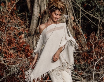 Top Poncho in cotone grezzo ∆ Abbigliamento Boho biologico ∆ Tunica da donna nomade della dea gitana ∆ Poncho da festival uomo ∆ Top Boho taglie forti / Bianco sporco