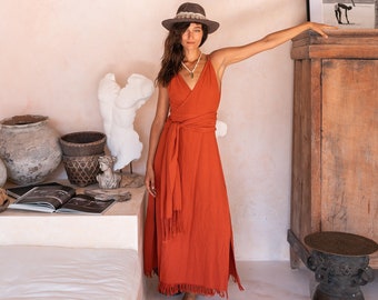 Red Maxi Wrap Dress ∆ Boho Clothes Women Orange Dresses ∆ Fringe Cotton Cottagecore Dress Sustainable Clothing ∆ Cocktail Dress / Red Ochre