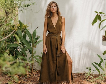 Raw Cotton Wrap Dress ∆ Bohemian Kimono Maxi Dress ∆ Boho Clothing Women ∆ Gypsy Goddess Dress ∆ Cocktail Slit Organic Fringe Dress / Brown