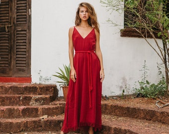 Backless Red Maxi Dress ∆ Cocktail Summer Dress ∆ Festival Prom Dress ∆ Elegant Goddess Halter Dress ∆ Vneck Cotton Fringe Dress / Red Ochre