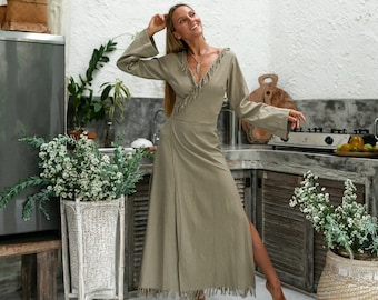 Wrap Boho Dress ∆ Women Bohemian Clothing ∆ Organic Bridesmaid Dress ∆ Fringe Kimono Wrap Maxi Dress ∆ Raw Cotton Goddess Dress / Sage Green