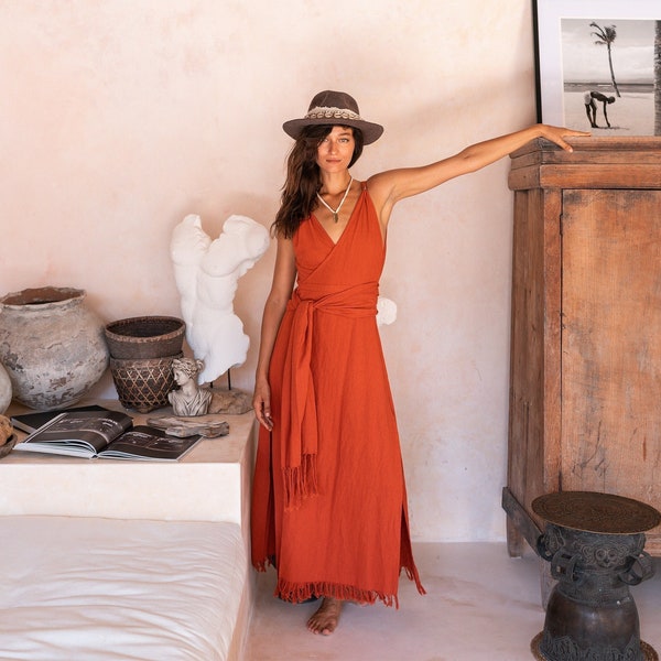 Red Maxi Wrap Dress ∆ Boho Clothes Women Orange Dresses ∆ Fringe Cotton Cottagecore Dress Sustainable Clothing ∆ Cocktail Dress / Red Ochre