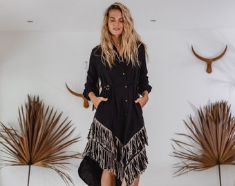 Black Linen Shirt Dress ∆ Boho Clothing Women ∆ Linen Midi Dress ∆ Fringe Jacket Womens ∆ Long Sleeve Dress ∆ Gypsy Button Up Dress / Black