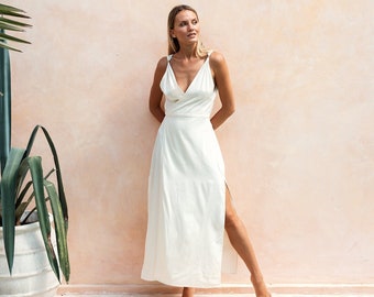 White Wrap Dress ∆ Simple Wedding Dress ∆ Boho Maxi Dresses Women ∆ Summer Gown Goddess Dress ∆ Long Slit Cotton Open Back Dress / Off White
