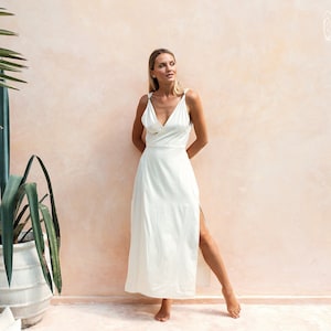 White Wrap Dress ∆ Simple Wedding Dress ∆ Boho Maxi Dresses Women ∆ Summer Gown Goddess Dress ∆ Long Slit Cotton Open Back Dress / Off White